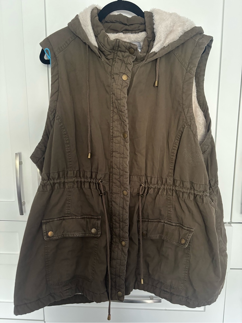 Warehouse Olive Green Hooded Faux-Sherpa Utility Vest. Couple flaws